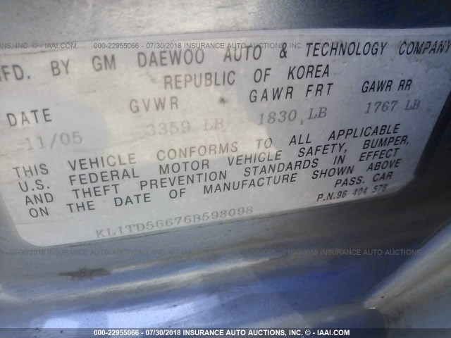 KL1TD56676B598098 - 2006 CHEVROLET AVEO LS Light Blue photo 9