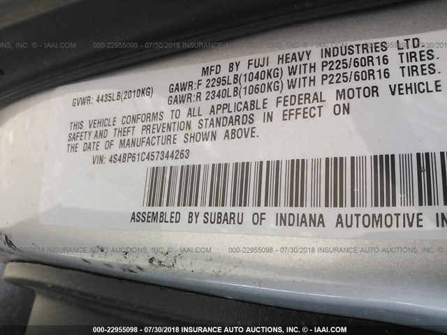 4S4BP61C457344263 - 2005 SUBARU LEGACY OUTBACK 2.5I 银色 照片 9