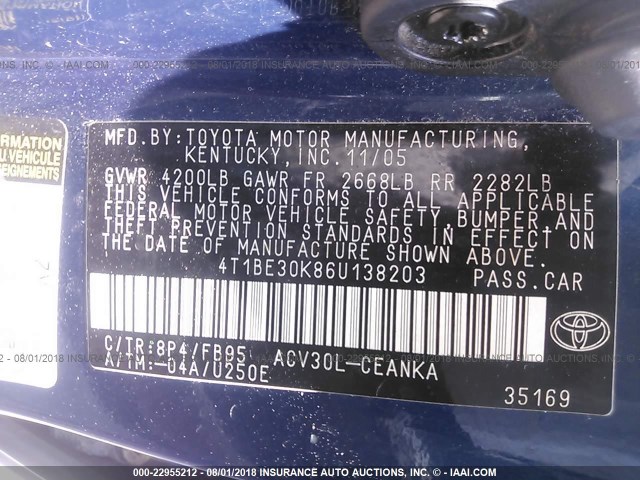 4T1BE30K86U138203 - 2006 TOYOTA CAMRY LE/XLE/SE Mavi foto 9