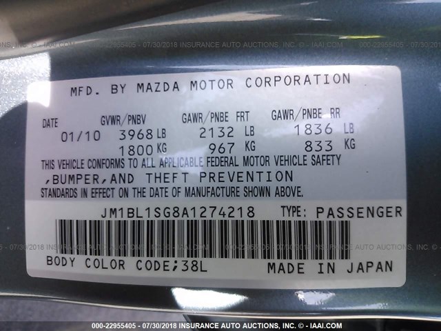 JM1BL1SG8A1274218 - 2010 MAZDA 3 I Light Blue photo 9