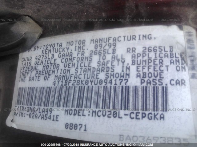 4T1BF28K0YU094177 - 2000 TOYOTA CAMRY LE/XLE BURGUNDY photo 9