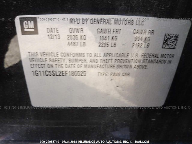 1G11C5SL2EF186525 - 2014 CHEVROLET MALIBU 1LT 黑色 照片 9