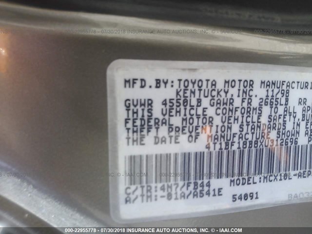 4T1BF18B8XU312696 - 1999 TOYOTA AVALON XL/XLS TAN photo 9