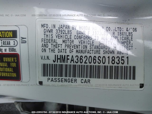 JHMFA36206S018351 - 2006 HONDA CIVIC HYBRID WHITE photo 9