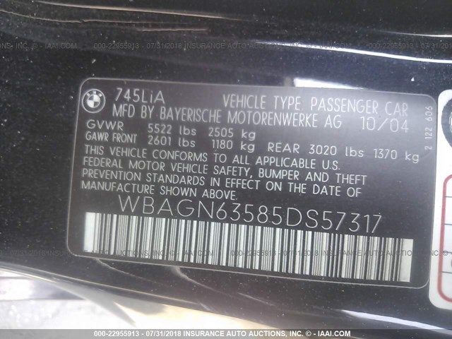 WBAGN63585DS57317 - 2005 BMW 745 LI BLACK photo 9