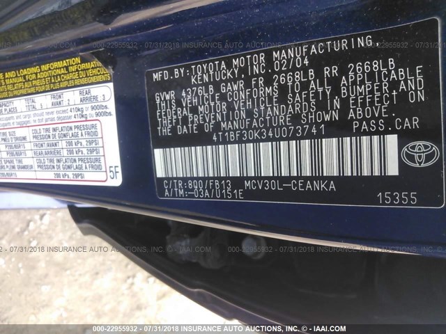 4T1BF30K34U073741 - 2004 TOYOTA CAMRY LE/XLE/SE Mavi foto 9