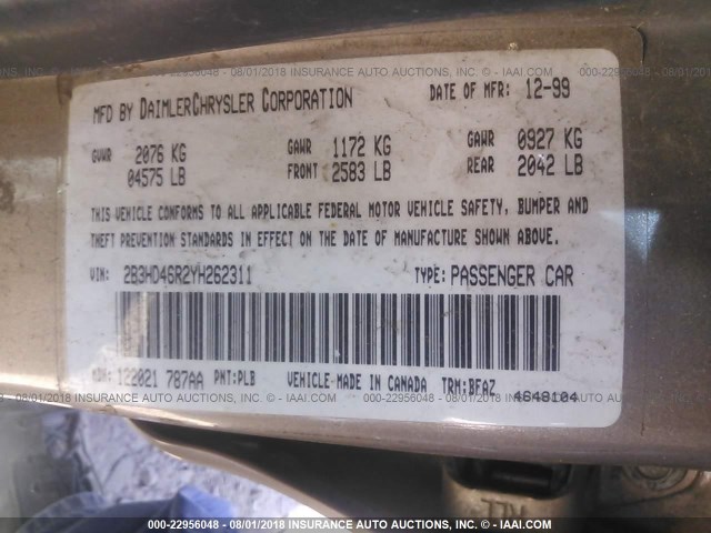 2B3HD46R2YH262311 - 2000 DODGE INTREPID TAN photo 9