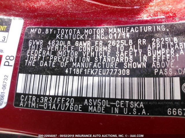 4T1BF1FK7EU777308 - 2014 TOYOTA CAMRY L/SE/LE/XLE RED photo 9