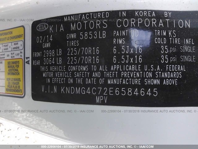 KNDMG4C72E6584645 - 2014 KIA SEDONA WHITE photo 9