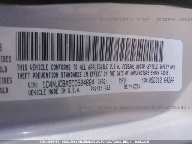 1C4NJCBA5CD504664 - 2012 JEEP COMPASS SPORT SILVER photo 9