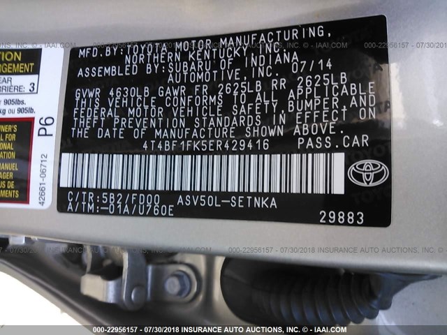 4T4BF1FK5ER429416 - 2014 TOYOTA CAMRY L/SE/LE/XLE SILVER photo 9