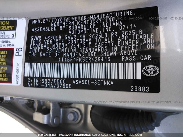 4T4BF1FK5ER429416 - 2014 TOYOTA CAMRY L/SE/LE/XLE 银色 照片 9