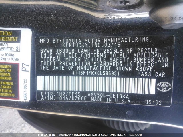 4T1BF1FKXGU586954 - 2016 TOYOTA CAMRY LE/XLE/SE/XSE 灰色 照片 9