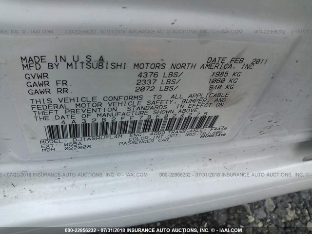 4A32B2FF7BE024275 - 2011 MITSUBISHI GALANT FE WHITE photo 9