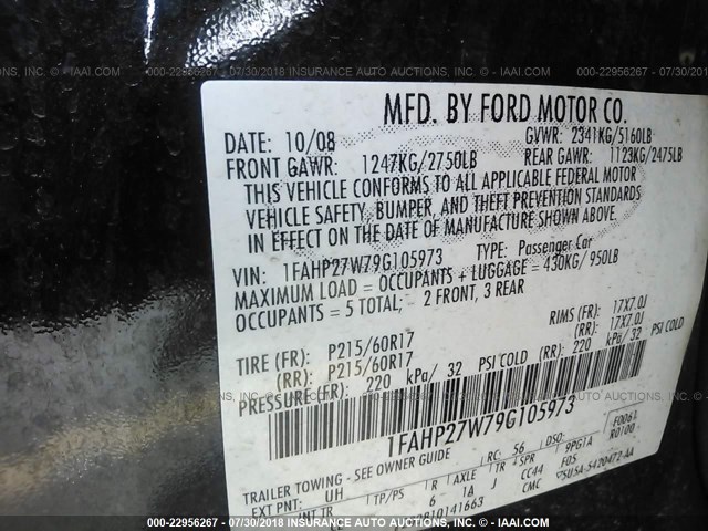 1FAHP27W79G105973 - 2009 FORD TAURUS SEL BLACK photo 9