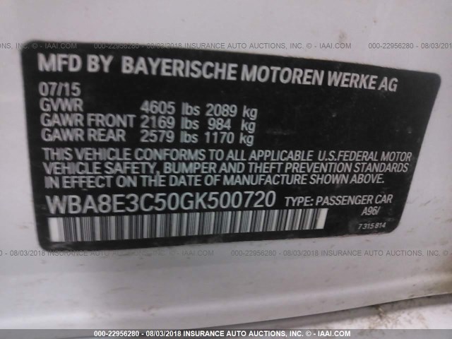 WBA8E3C50GK500720 - 2016 BMW 328 XI SULEV WHITE photo 9