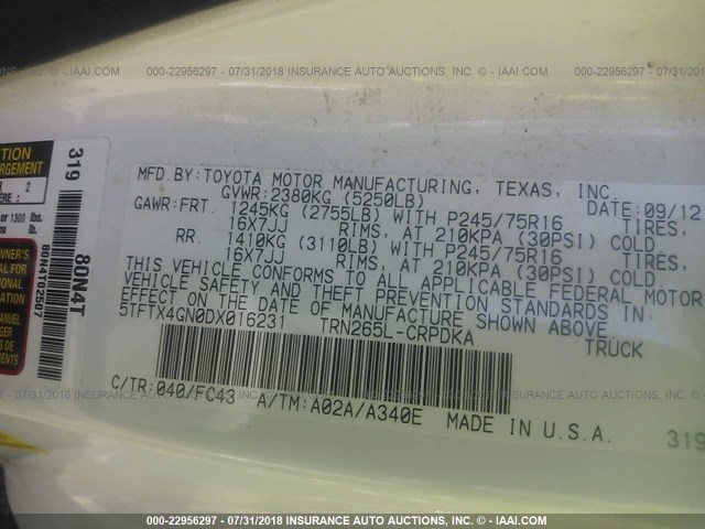 5TFTX4GN0DX016231 - 2013 TOYOTA TACOMA PRERUNNER ACCESS CAB WHITE photo 9