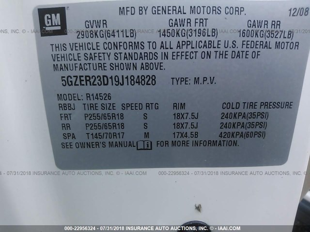 5GZER23D19J184828 - 2009 SATURN OUTLOOK XR თეთრი ფოტო 9