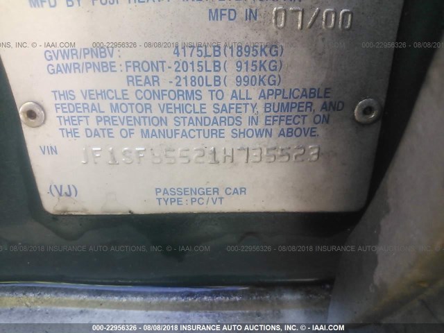 JF1SF65521H735523 - 2001 SUBARU FORESTER S GREEN photo 9