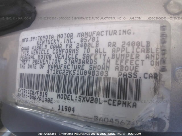 4T1BG22K51U098303 - 2001 TOYOTA CAMRY CE/LE/XLE 银色 照片 9