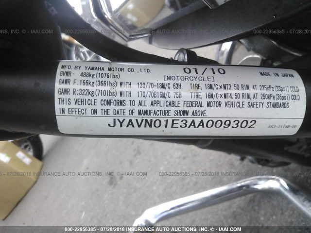 JYAVN01E3AA009302 - 2010 YAMAHA XVS950 A BLACK photo 10