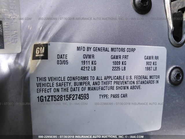 1G1ZT52815F274593 - 2005 CHEVROLET MALIBU LS SILVER photo 9