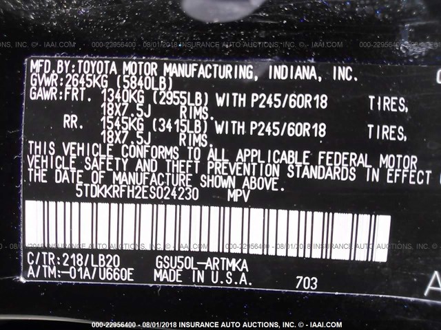 5TDKKRFH2ES024230 - 2014 TOYOTA HIGHLANDER XLE შავი ფოტო 9