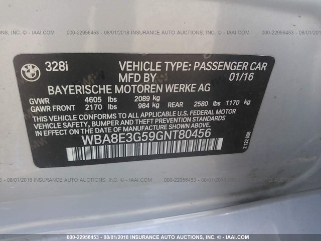 WBA8E3G59GNT80456 - 2016 BMW 328 XI SULEV SILVER photo 9