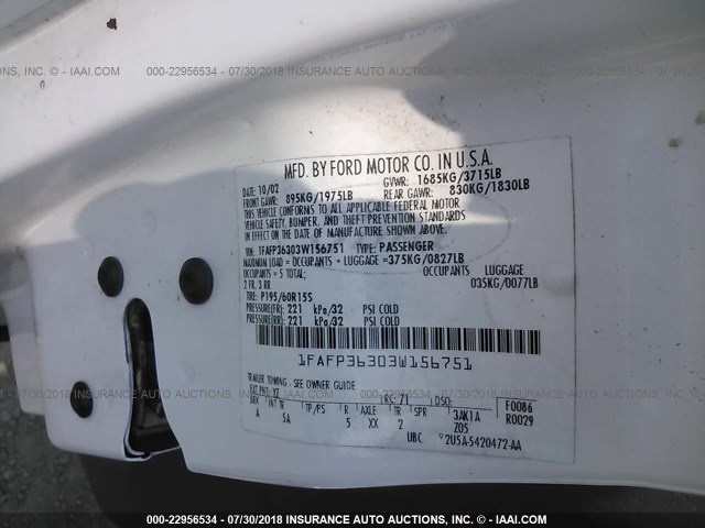 1FAFP36303W156751 - 2003 FORD FOCUS SE/SE SPORT/ZTW WHITE photo 9