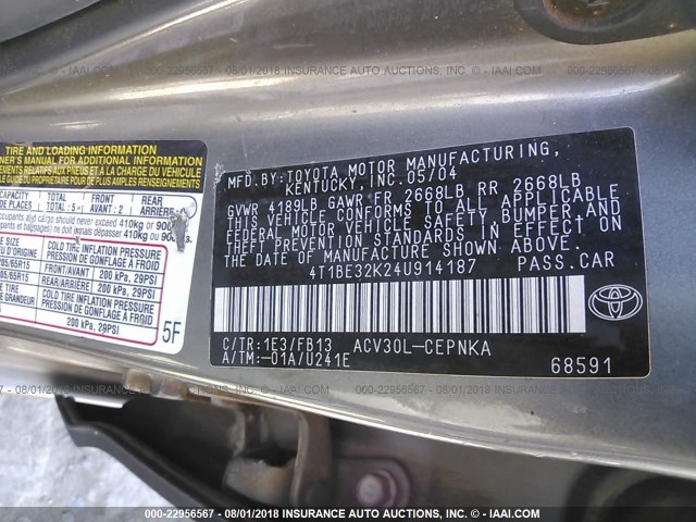 4T1BE32K24U914187 - 2004 TOYOTA CAMRY LE/XLE/SE Boz foto 9
