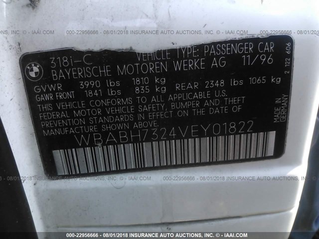 WBABH7324VEY01822 - 1997 BMW 318 IC WHITE photo 9