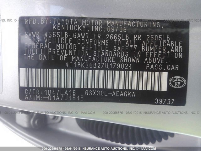 4T1BK36B27U179024 - 2007 TOYOTA AVALON XL/XLS/TOURING/LIMITED SILVER photo 9