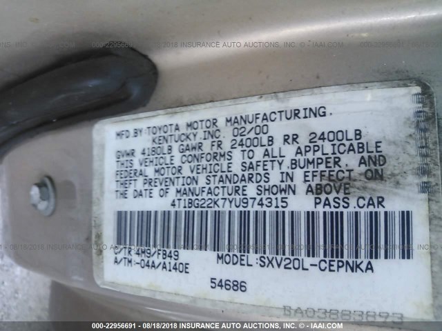 4T1BG22K7YU974315 - 2000 TOYOTA CAMRY CE/LE/XLE 棕色 照片 9