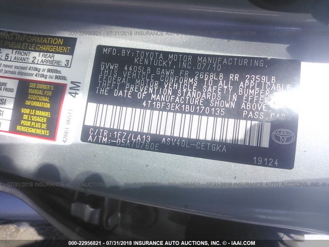 4T1BF3EK1BU170135 - 2011 TOYOTA CAMRY SE/LE/XLE 银色 照片 9