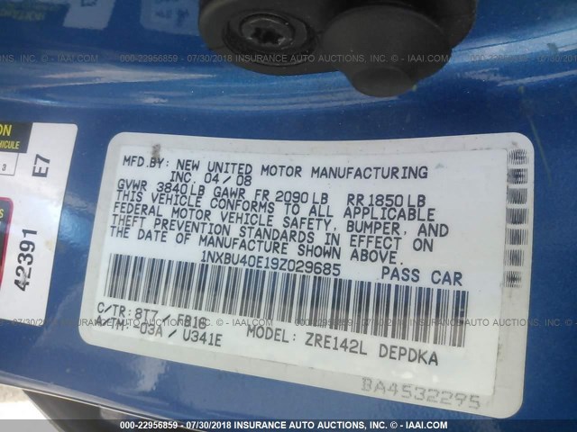 1NXBU40E19Z029685 - 2009 TOYOTA COROLLA S/LE/XLE BLUE photo 9