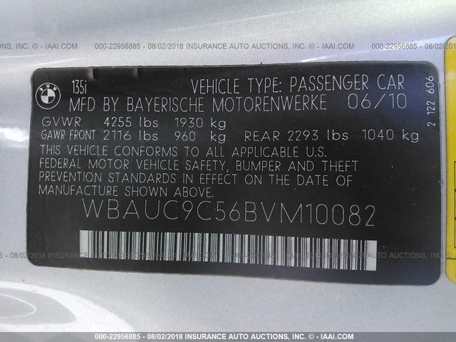 WBAUC9C56BVM10082 - 2011 BMW 135 I SILVER photo 9