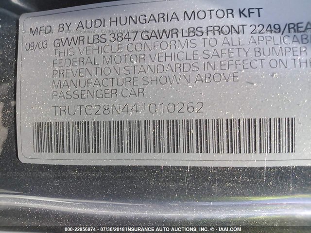 TRUTC28N441010262 - 2004 AUDI TT GRAY photo 9