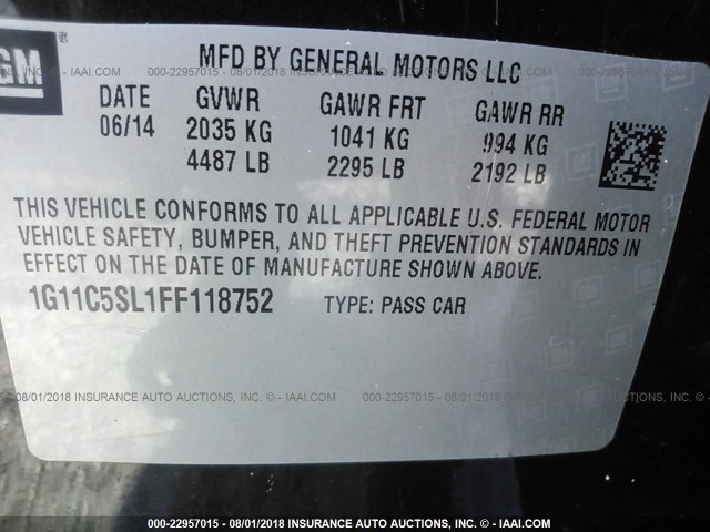 1G11C5SL1FF118752 - 2015 CHEVROLET MALIBU 1LT BLACK photo 9