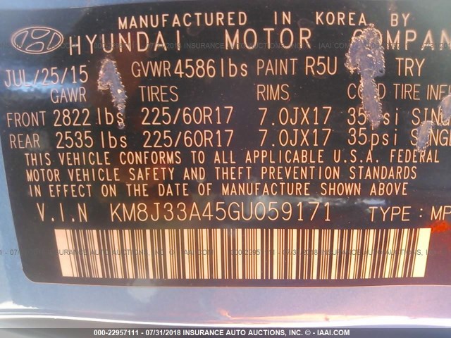 KM8J33A45GU059171 - 2016 HYUNDAI TUCSON LIMITED/SPORT AND ECO/SE BLUE photo 9