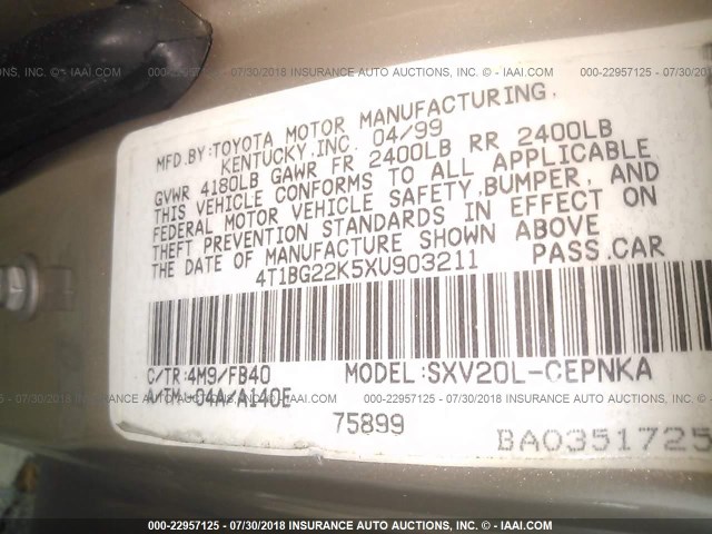 4T1BG22K5XU903211 - 1999 TOYOTA CAMRY CE/LE/XLE ბეჟი ფოტო 9