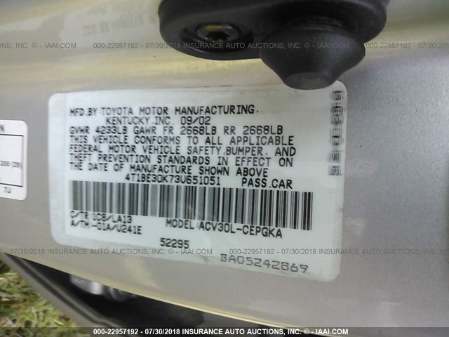 4T1BE30K73U651051 - 2003 TOYOTA CAMRY LE/XLE/SE SILVER photo 9