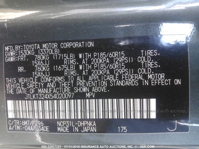 JTLKT324X54020097 - 2005 TOYOTA SCION XB Boz foto 9