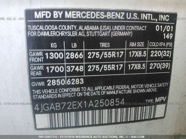 4JGAB72EX1A250854 - 2001 MERCEDES-BENZ ML 430 白色 照片 9