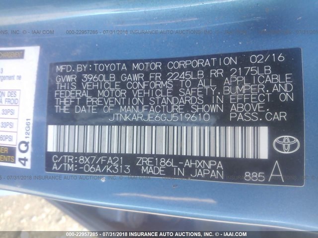 JTNKARJE6GJ519610 - 2016 TOYOTA SCION IM BLUE photo 9