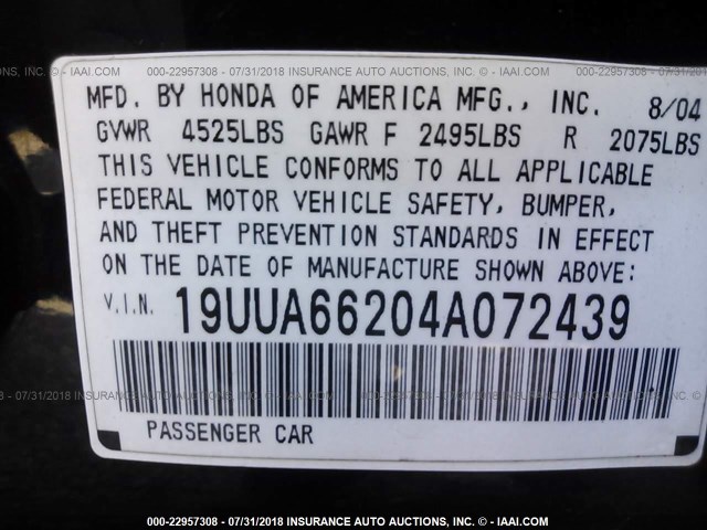 19UUA66204A072439 - 2004 ACURA TL 黑色 照片 9