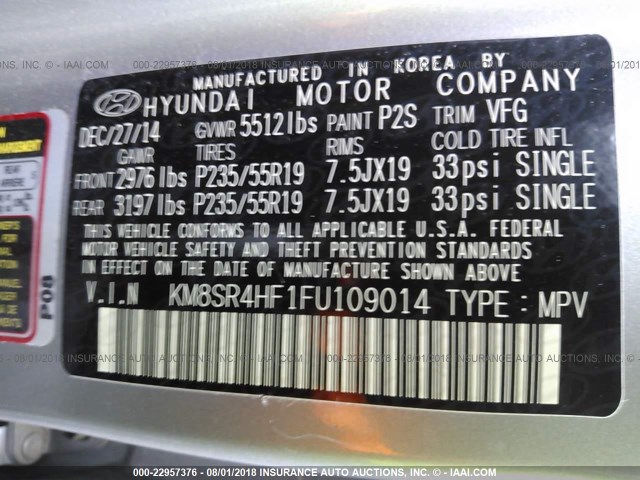 KM8SR4HF1FU109014 - 2015 HYUNDAI SANTA FE GLS/LIMITED GRAY photo 9