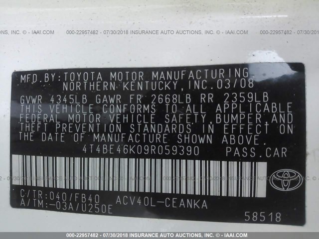 4T4BE46K09R059390 - 2009 TOYOTA CAMRY SE/LE/XLE WHITE photo 9