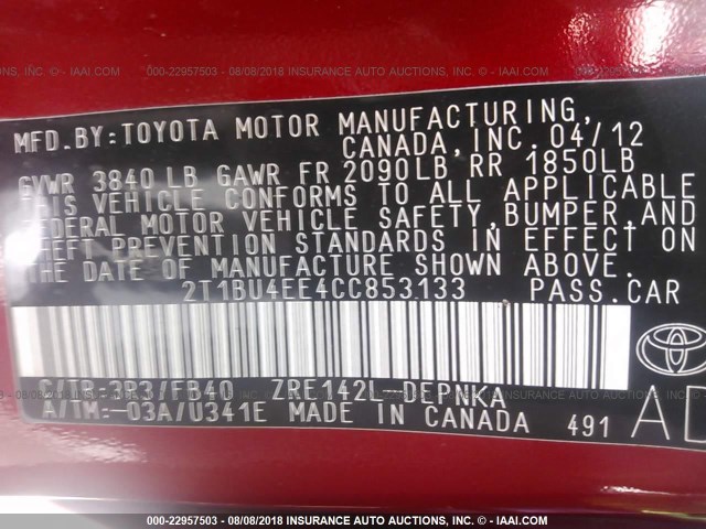 2T1BU4EE4CC853133 - 2012 TOYOTA COROLLA S/LE RED photo 9