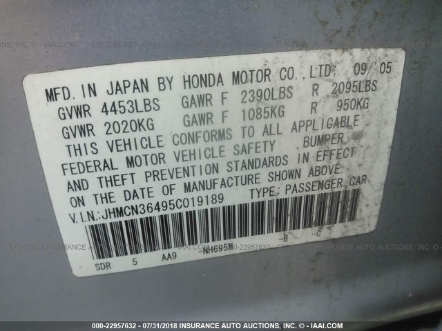 JHMCN36495C019189 - 2005 HONDA ACCORD HYBRID SILVER photo 9