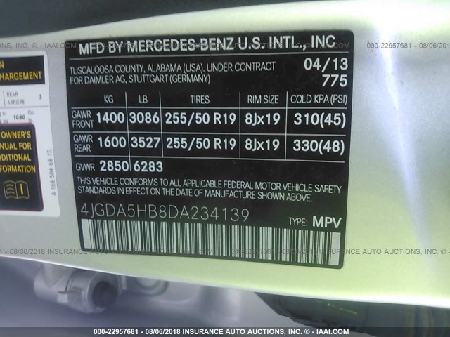 4JGDA5HB8DA234139 - 2013 MERCEDES-BENZ ML 350 4MATIC SILVER photo 9